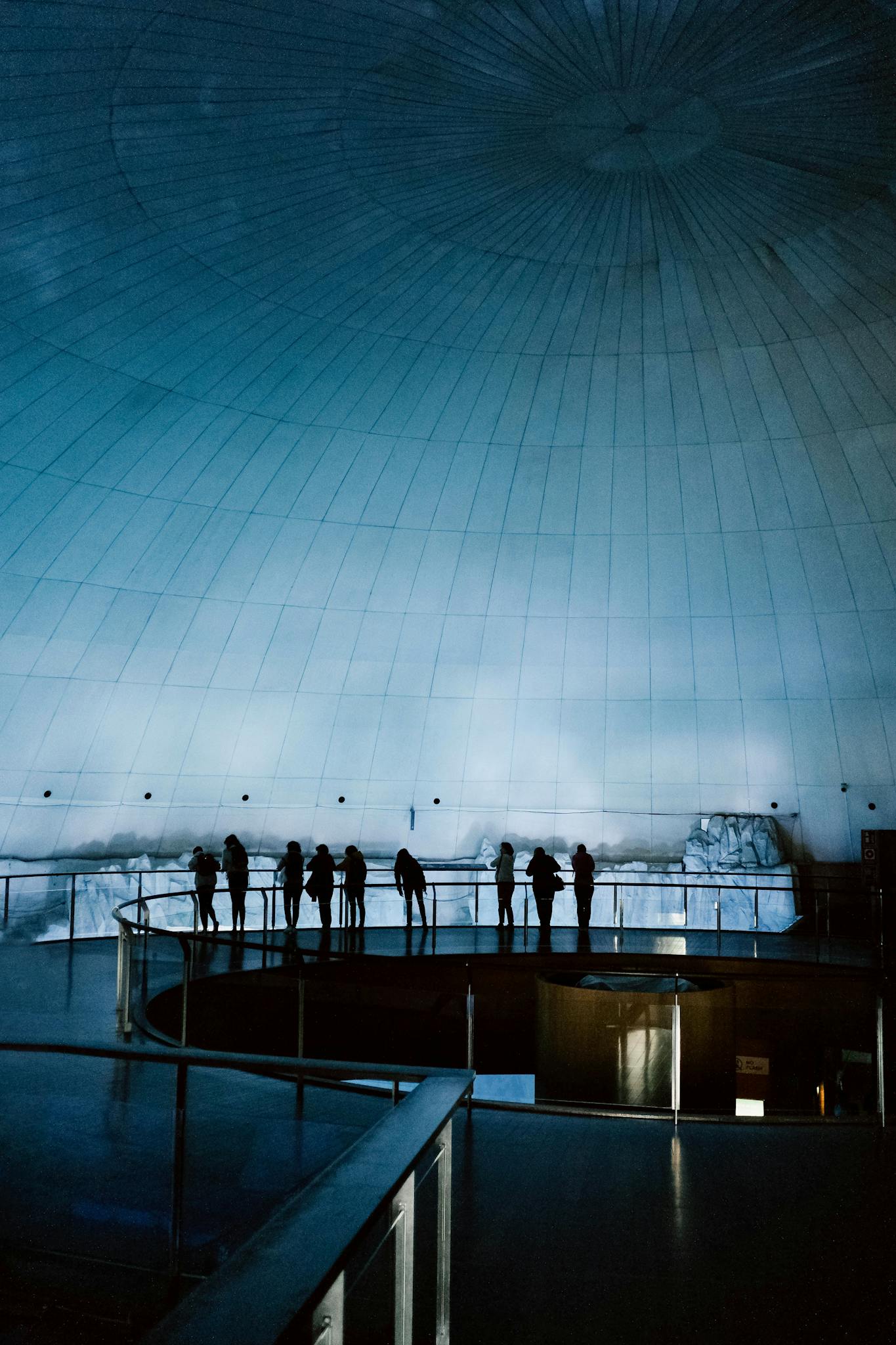 Silhouettes of people observing an underwater dome exhibit, casting an intriguing reflection.